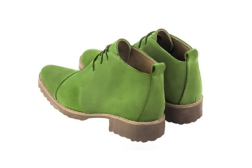 Grass green women's ankle boots with laces at the front. Round toe. Flat rubber soles. Rear view - Florence KOOIJMAN